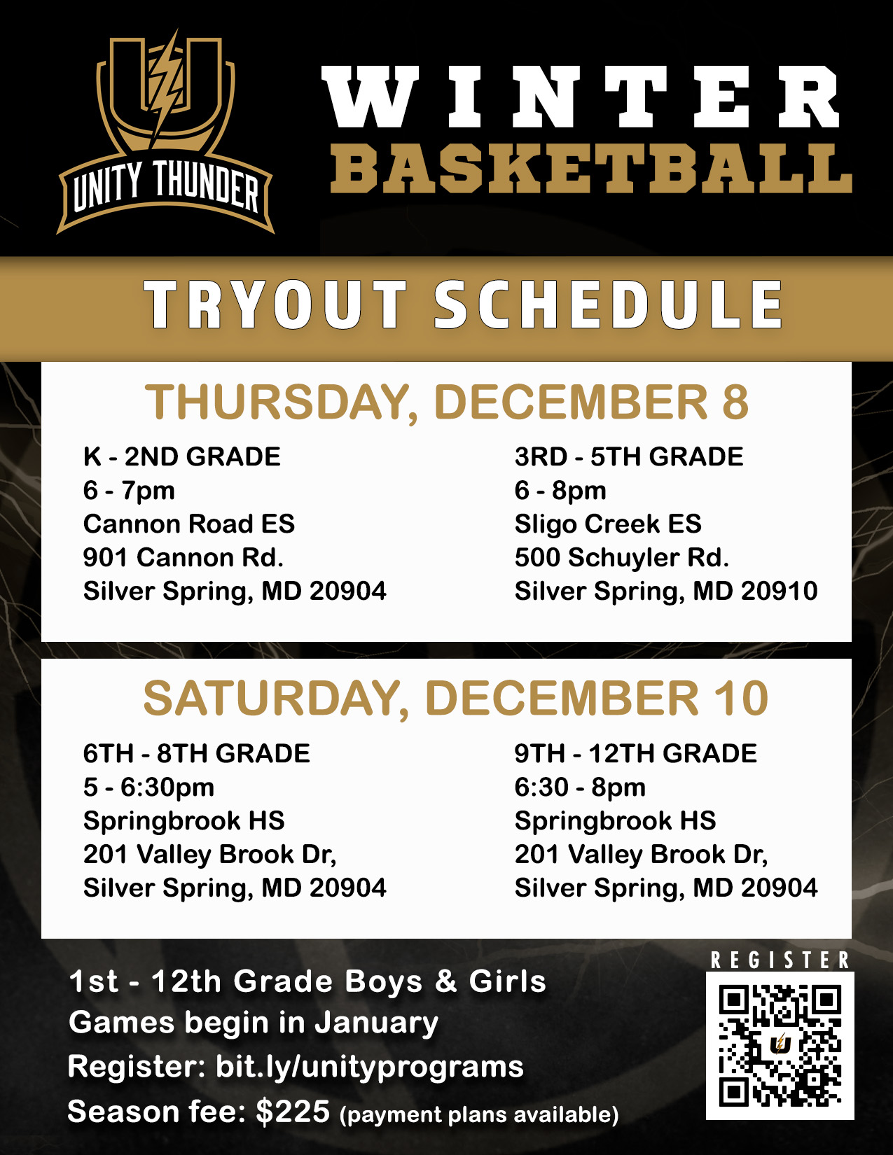 UNITY Thunder Winter Basketball Tryout Schedule